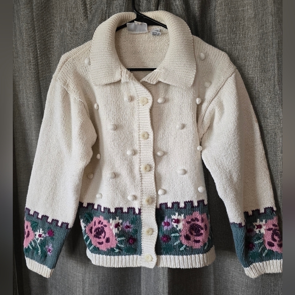 RUSS Vintage Floral Collared Cardigan 3D Polka Dots Cottage Womens Size L